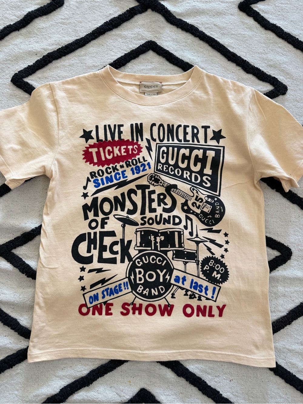 Gucci Beige Kids Graphic Concert Tee with Black & Red Print